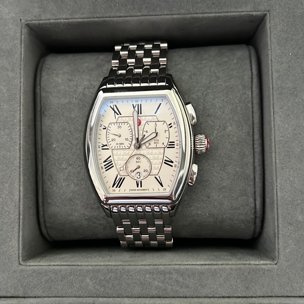 Michele Silver Stainless Steel Tonneau Chronograph Watch with White Dial